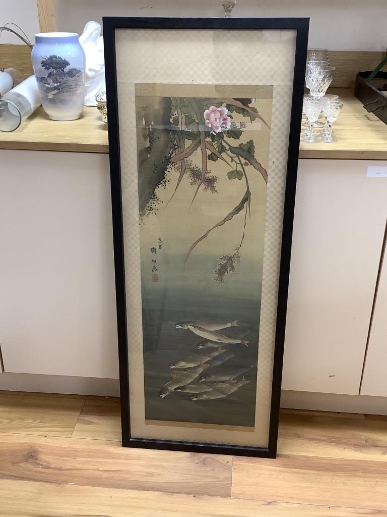 Japanese School, woodblock print, Fish swimming beneath flowering trees, 85 x 30cm